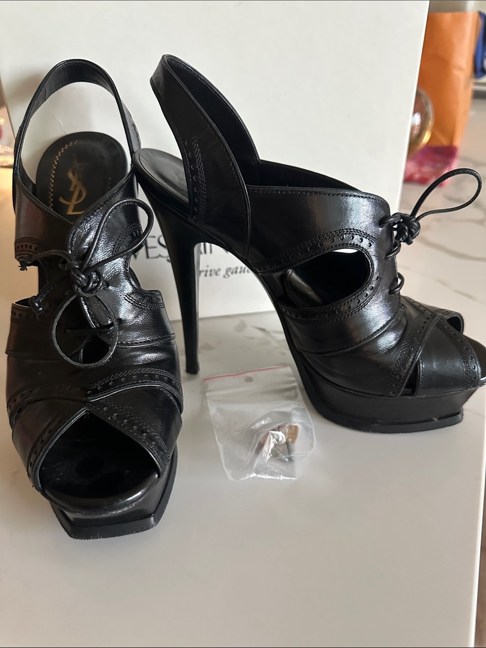 Yves Saint Laurent Black Leather Lace-Up Peep Toe Slingback Heels